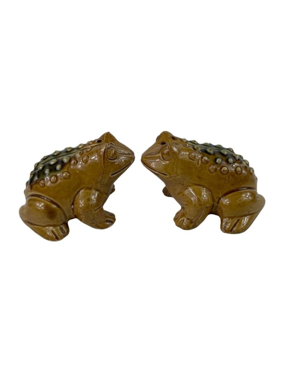 Brown & Green Bumpy Toad Salt Pepper Shakers Frogs Ceramic Figurines Vintage
